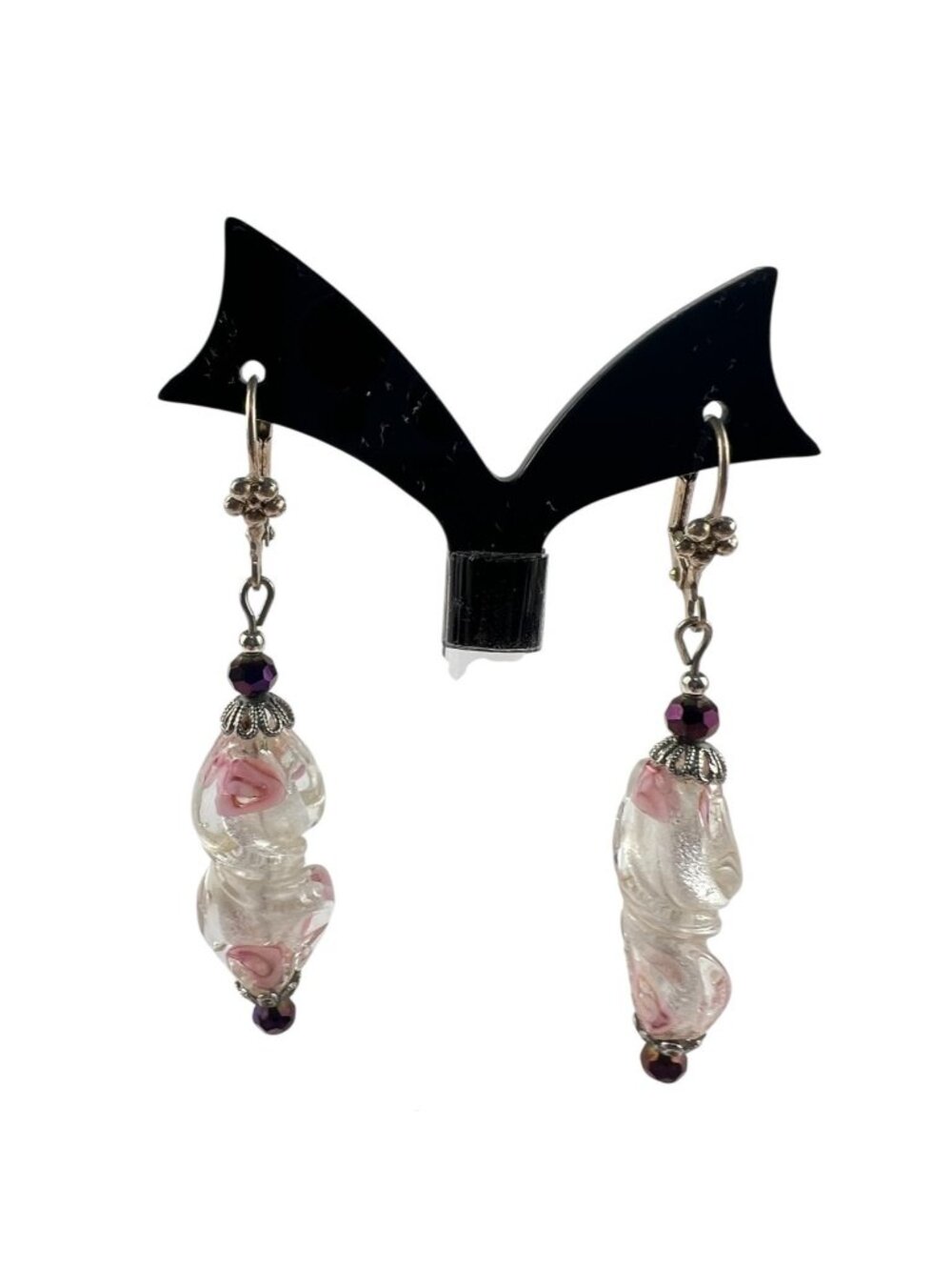 Twisted Iridescent Clear & Pink Lampwork Bead Dangle Earrings 2.25" Long